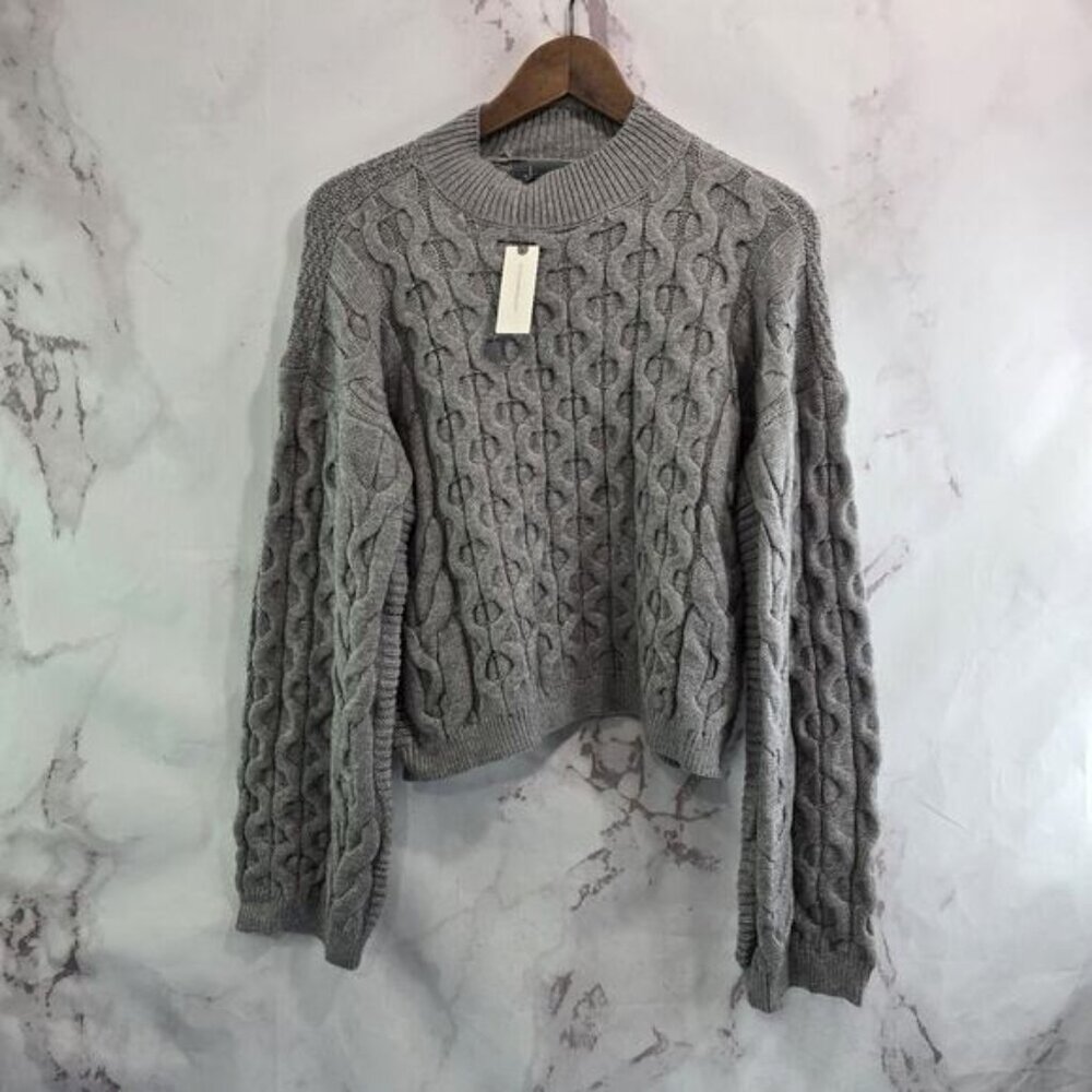 By Anthropologie Sweater Womens Small Gray Cable Knit Mock Neck Wide Arm